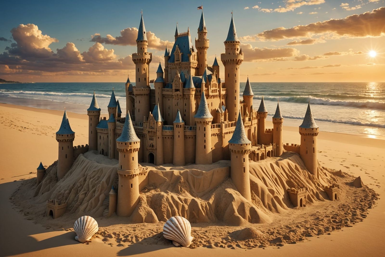 Majestic Sandcastle Shimmers in Digital Sunset Light