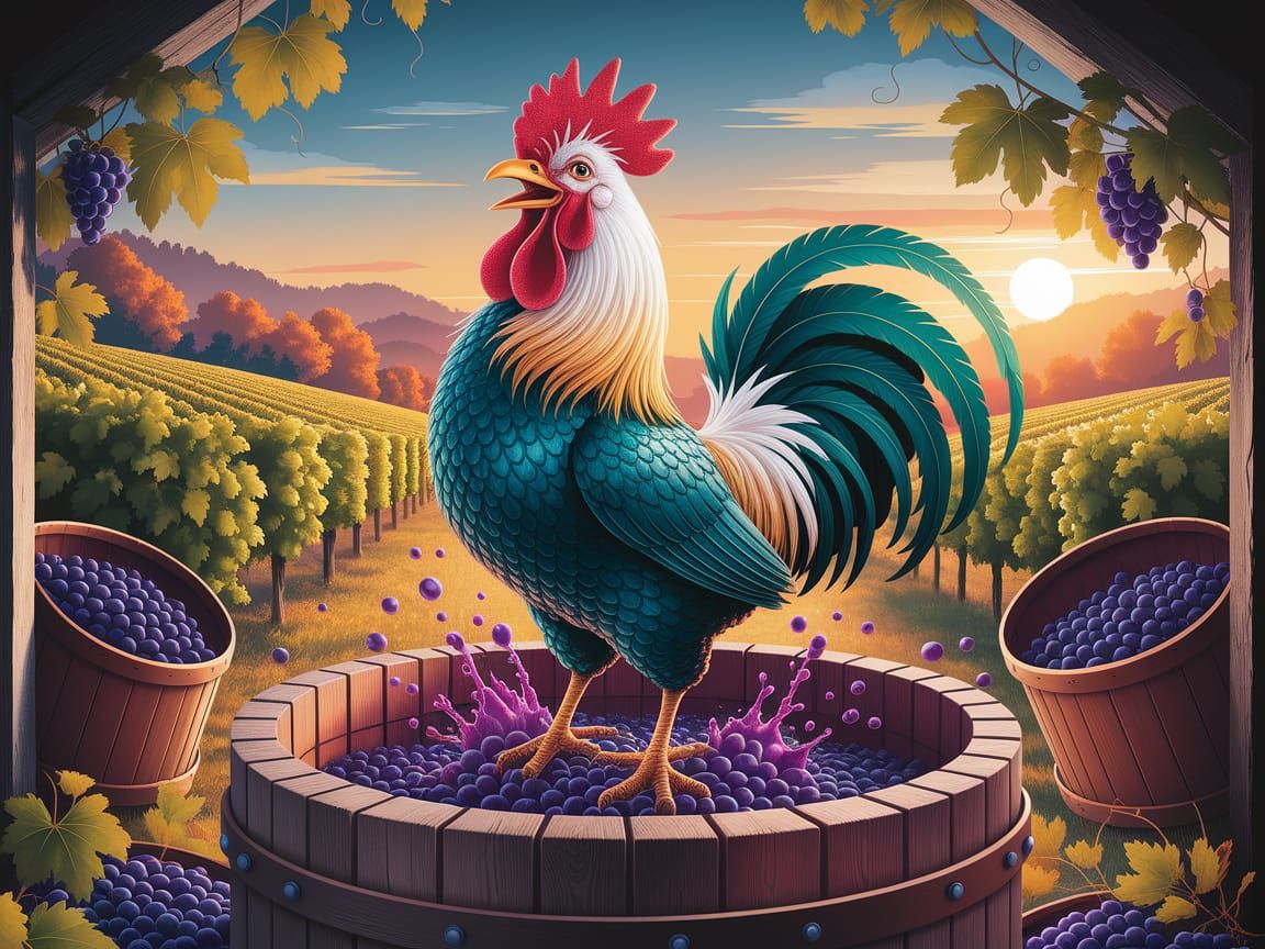Rooster Farmer Celebrates Autumn Harvest Making Wine