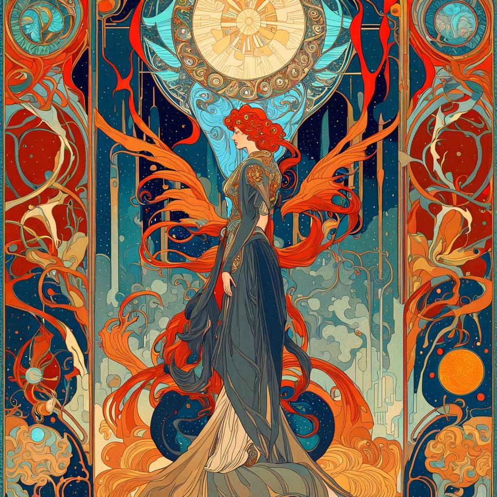 Anime Girl on Cybernetic Phoenix, Art Nouveau Style