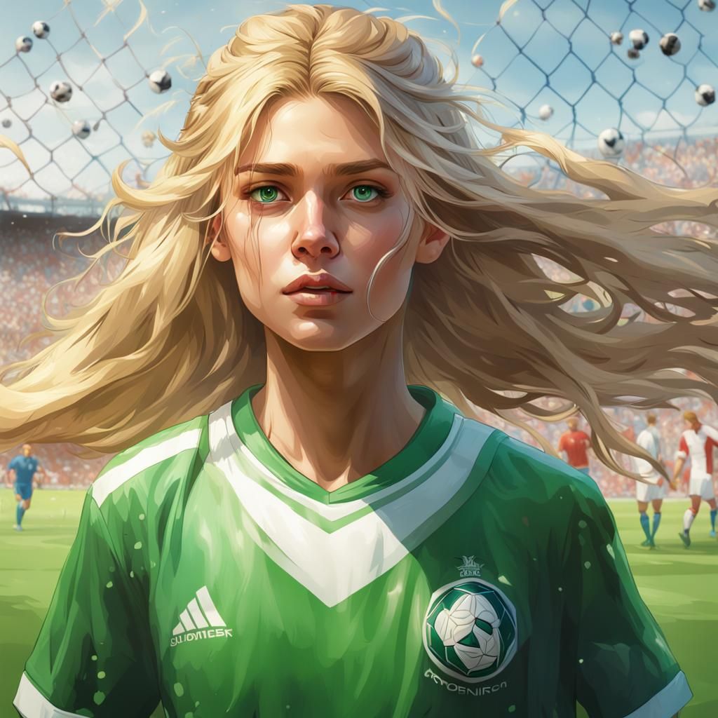 Blond Girl Playing Soccer, Hyperdetailed Portrait