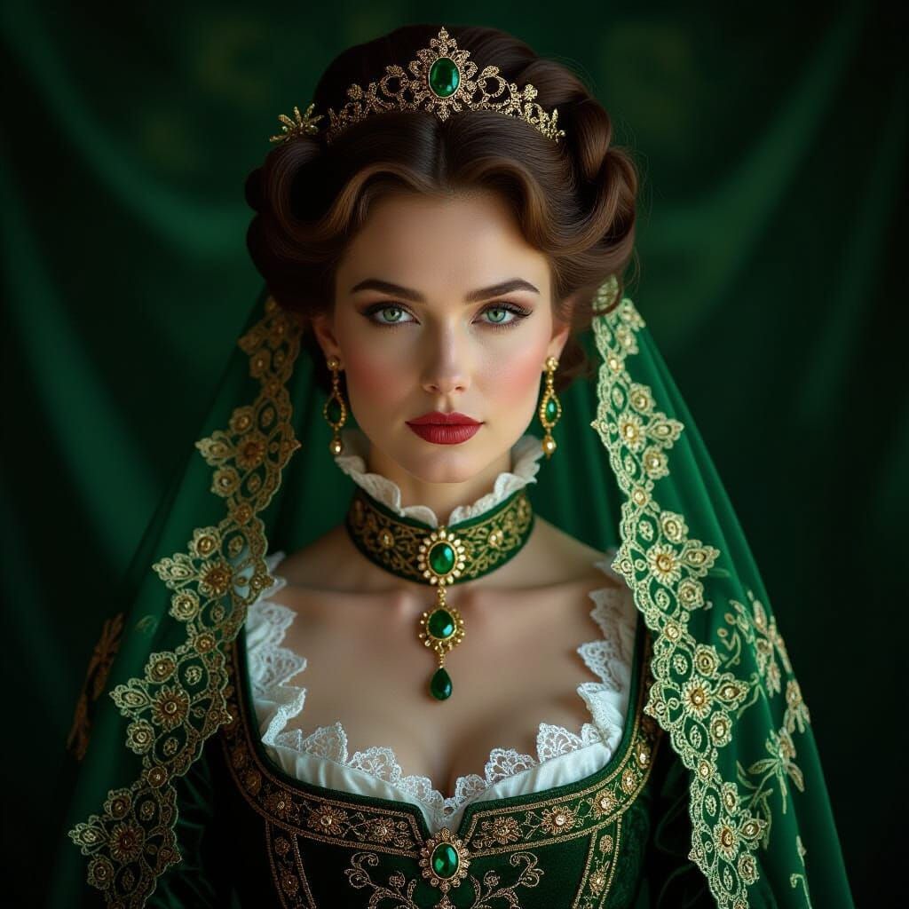 Mysterious Sorceress in Emerald Green and Gold