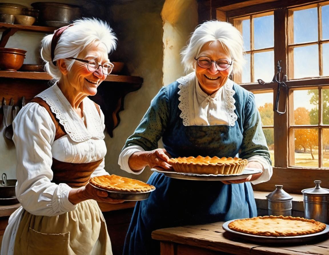 Grandmother Serving Pie in Colonial Kitchen: Oil Painting