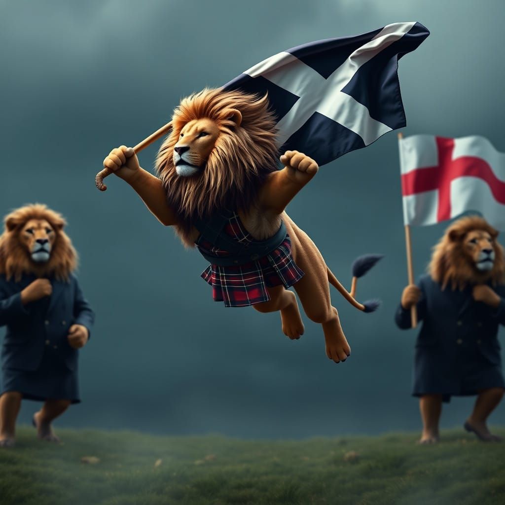 Majestic Lion in Tartan Kilt Soars with Scotland Flag, Oppos...