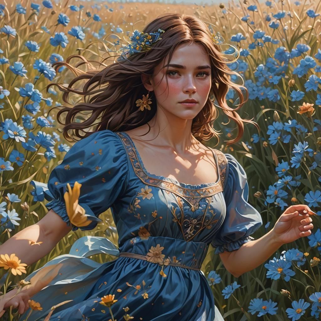 Woman Dancing in a Flower Field: Hyperdetailed Portrait