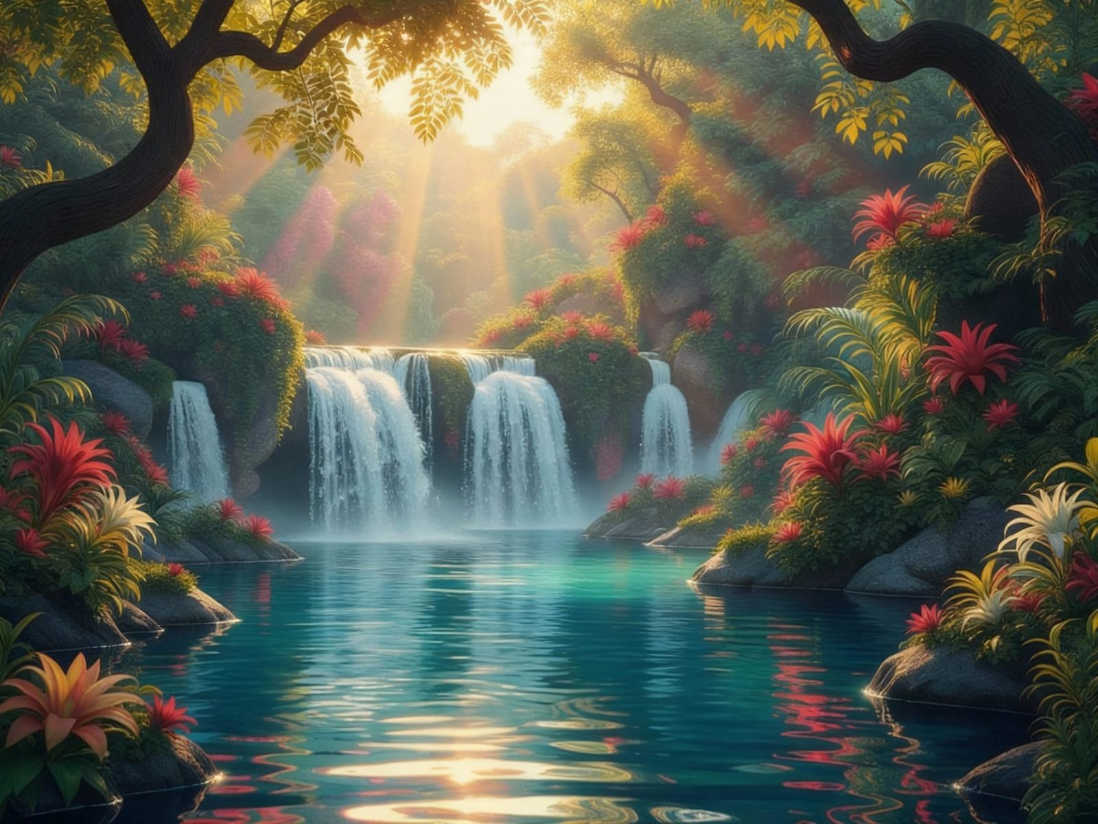 Magical Kingdom with Waterfall and Mandarin Ducks