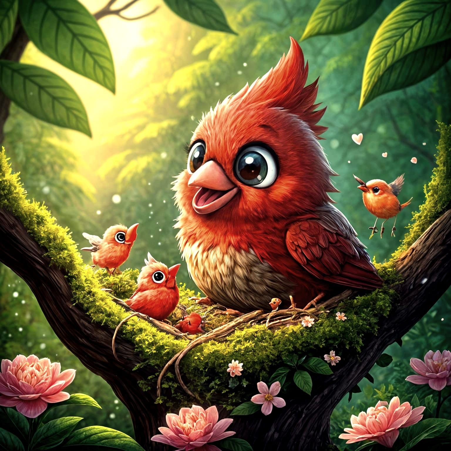 Adorable Chibi Cardinal Family in Anime Style