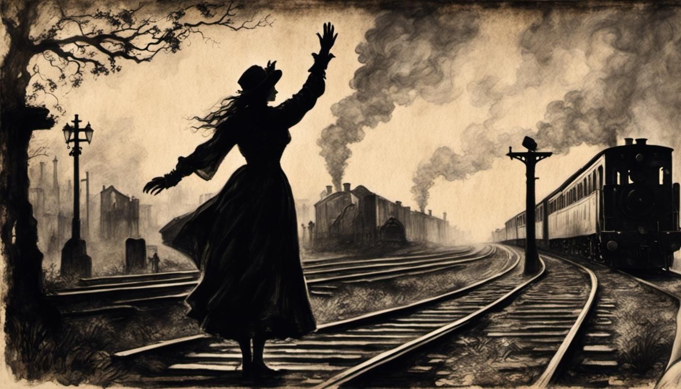 Girl Waving at Train in Charcoal Drawing