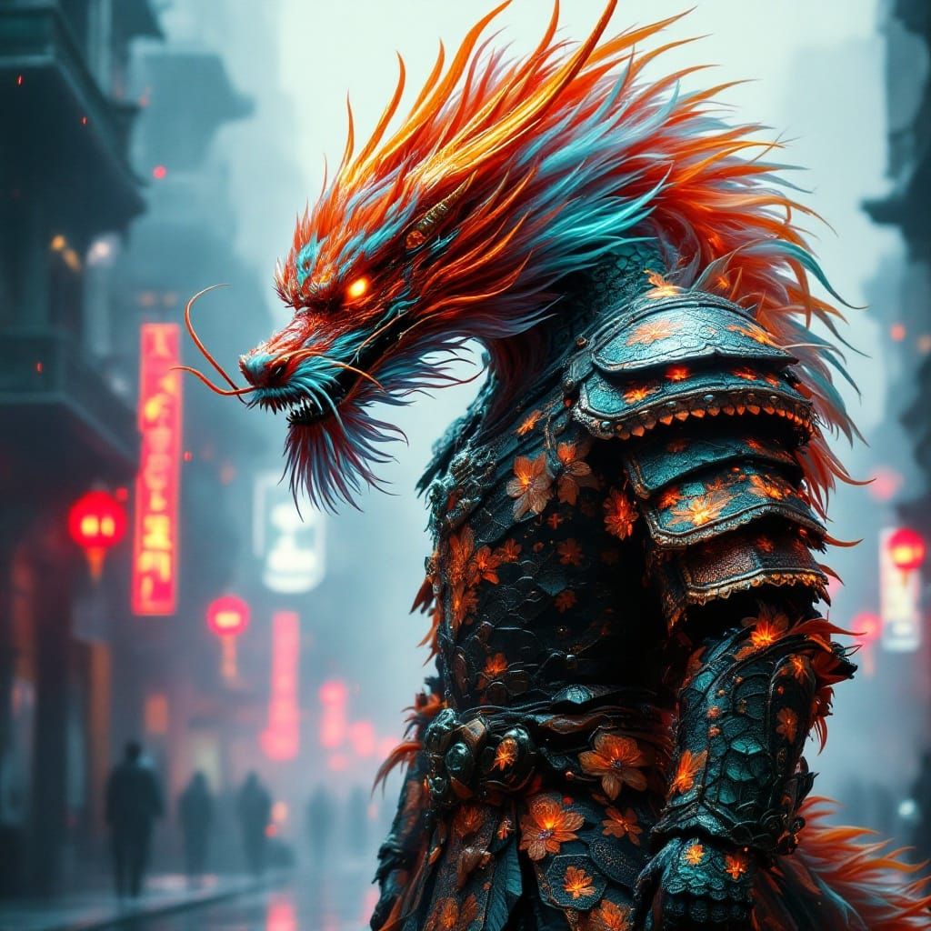 Ethereal Samurai Dragon in Neon-Lit Futuristic Venice