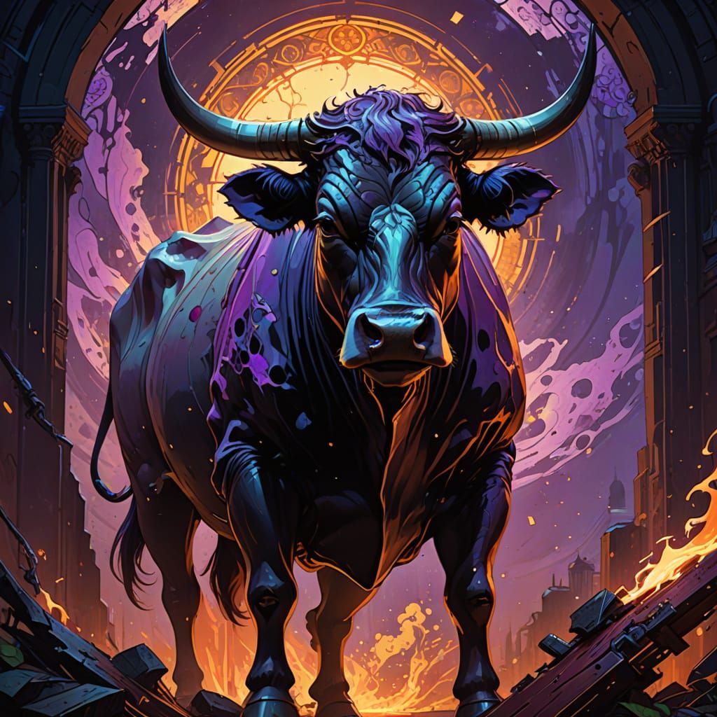 Cyberpunk Beef Cow Sculpture in Low-Angle Ominous Lighting