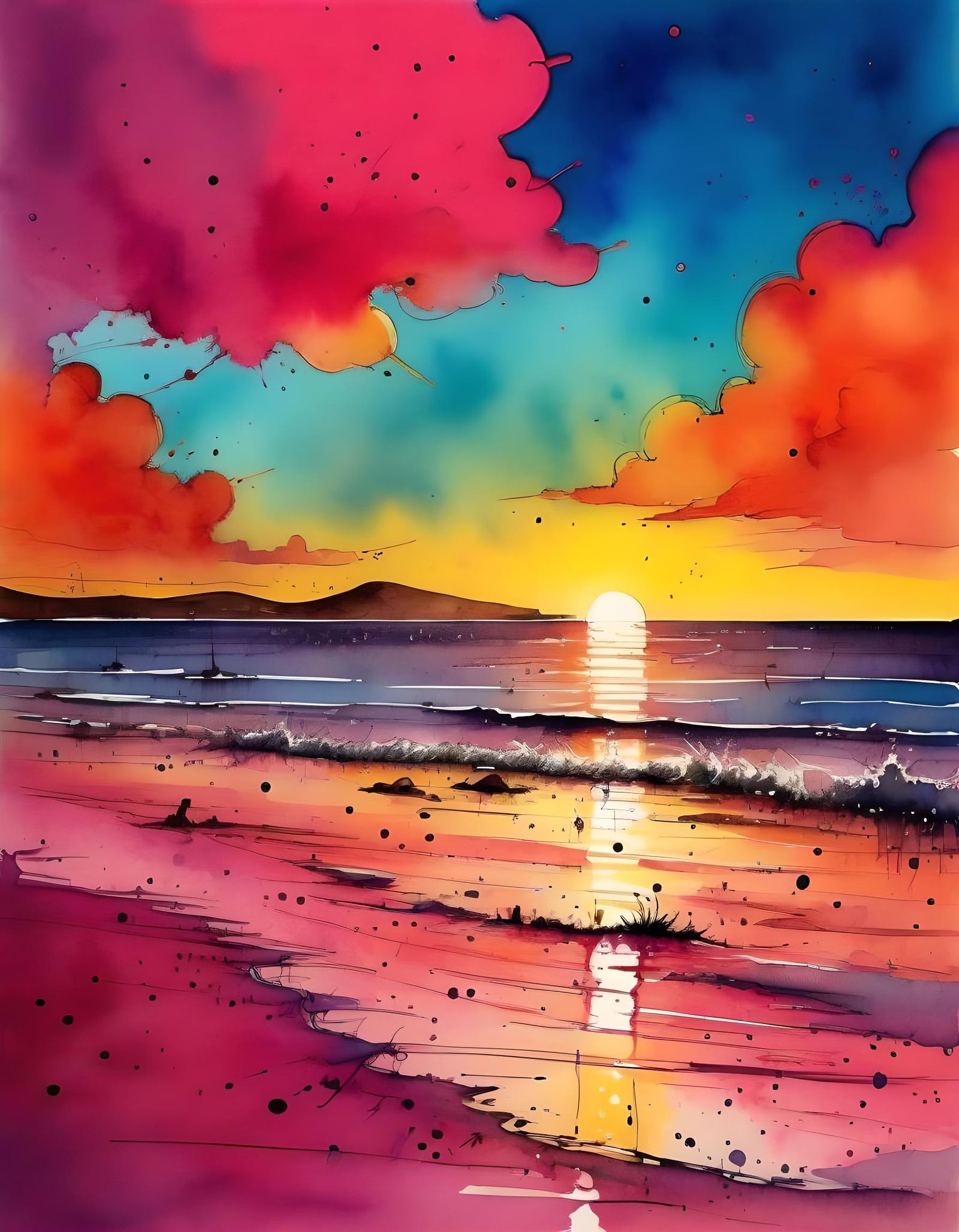 Vivid Beach Sunset in Watercolour Painting Style