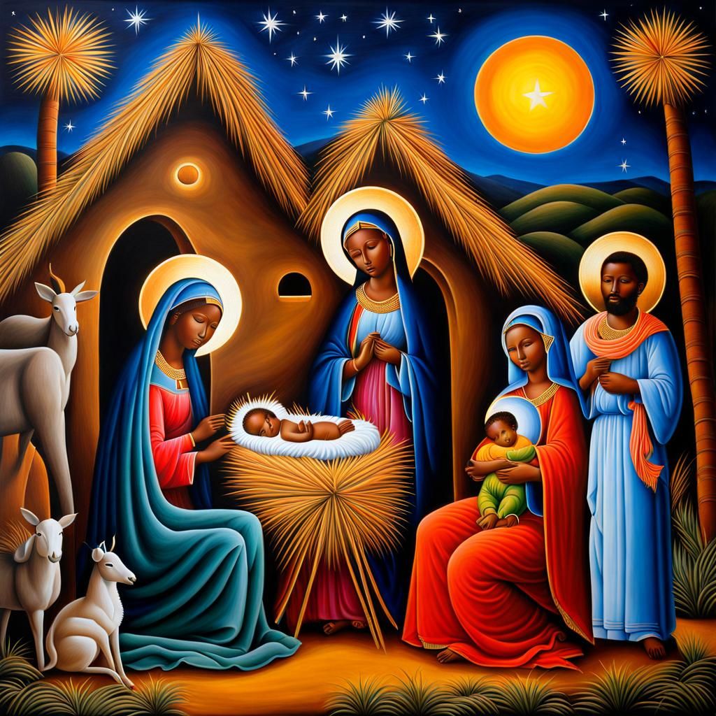 Vibrant Nativity Scene in Naive Folk Art Style