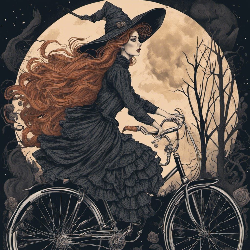Victorian Witch on Bicycle, Gothic Illustration in Moonlight