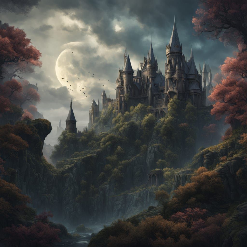 Enchanted Gargoyle Watches Gothic Landscape in Digital Paint...