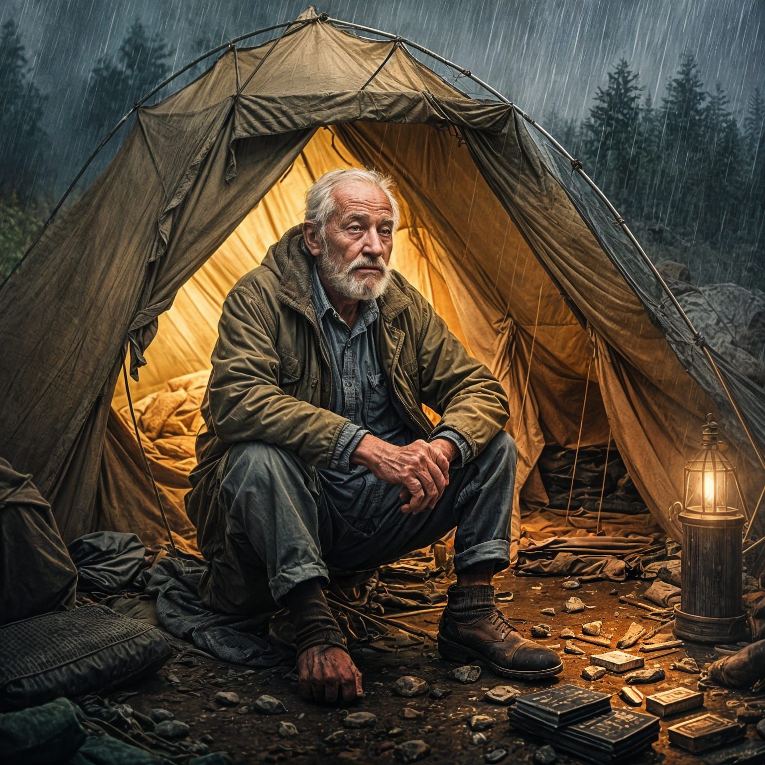 Solitary Old Man in Rainy Wilderness Tent