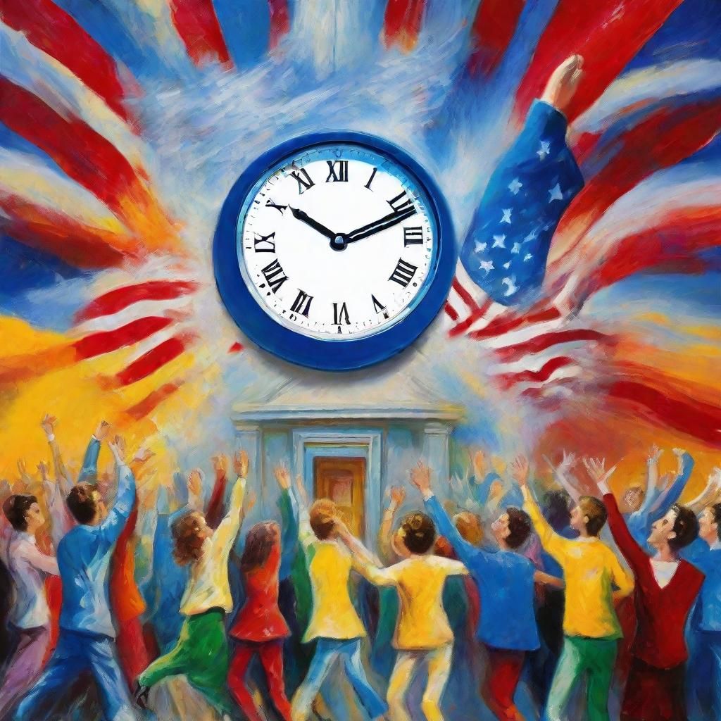 Surrealist Hand Holds Clock Above Diverse Youth