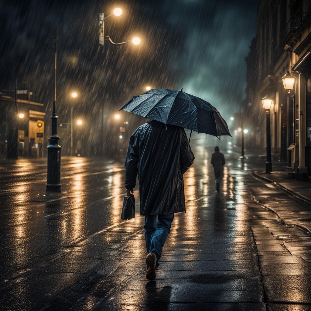 Man Walks in Rainy Night: Hyperrealistic Image