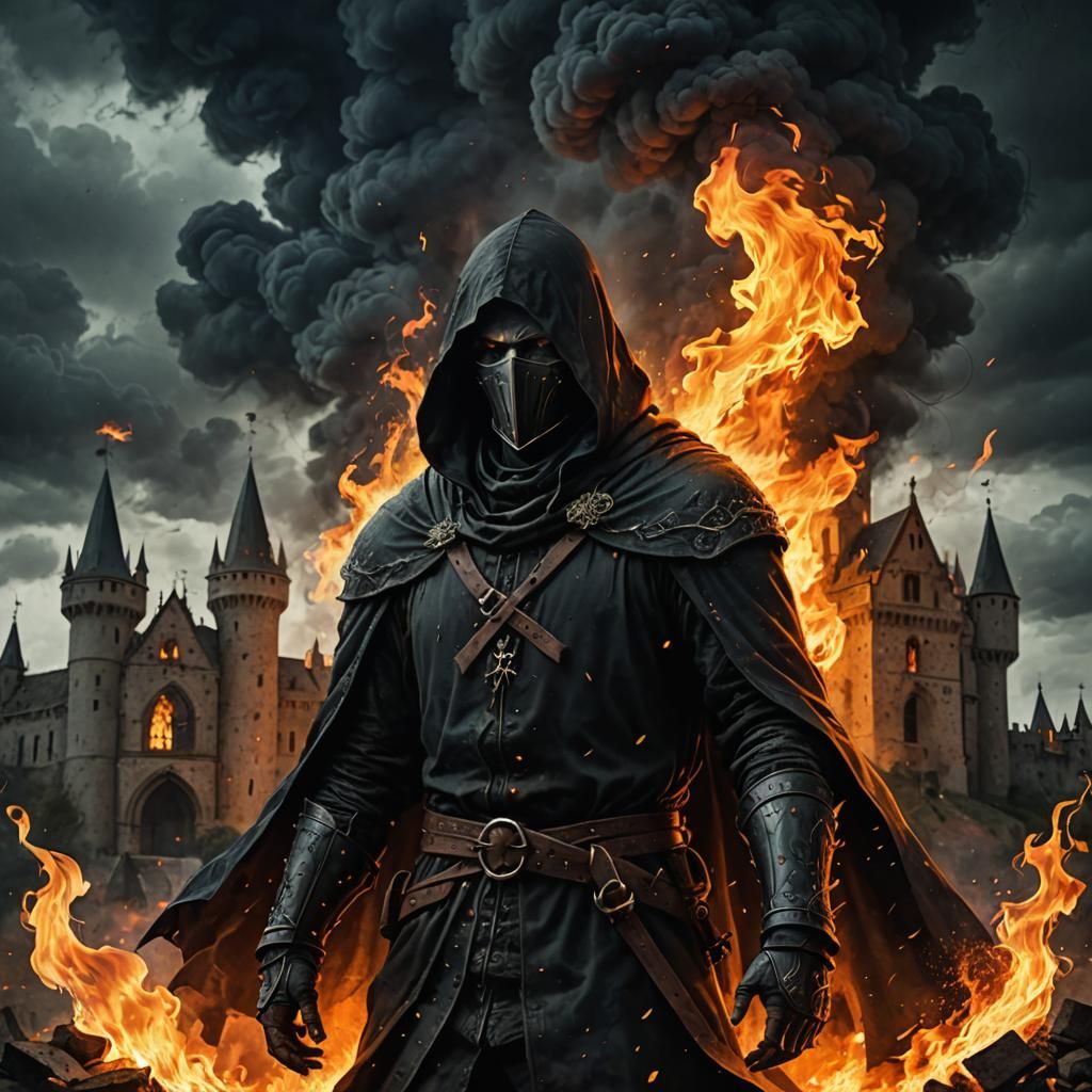 Burning Medieval Castle with Dark Hooded Figure