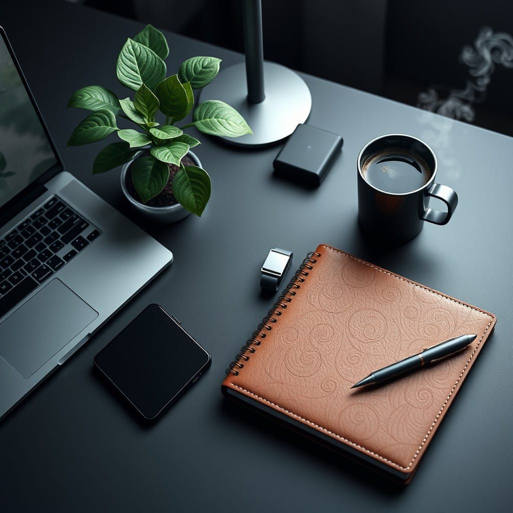 Modern Workspace with High-Tech Essentials in Cyberpunk Styl...