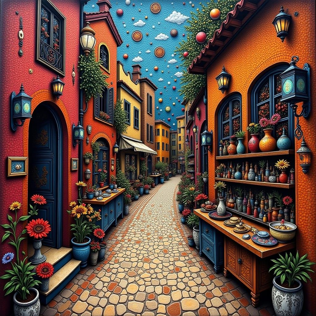 Vibrant Moroccan Bazaar Scene in Whimsical Style