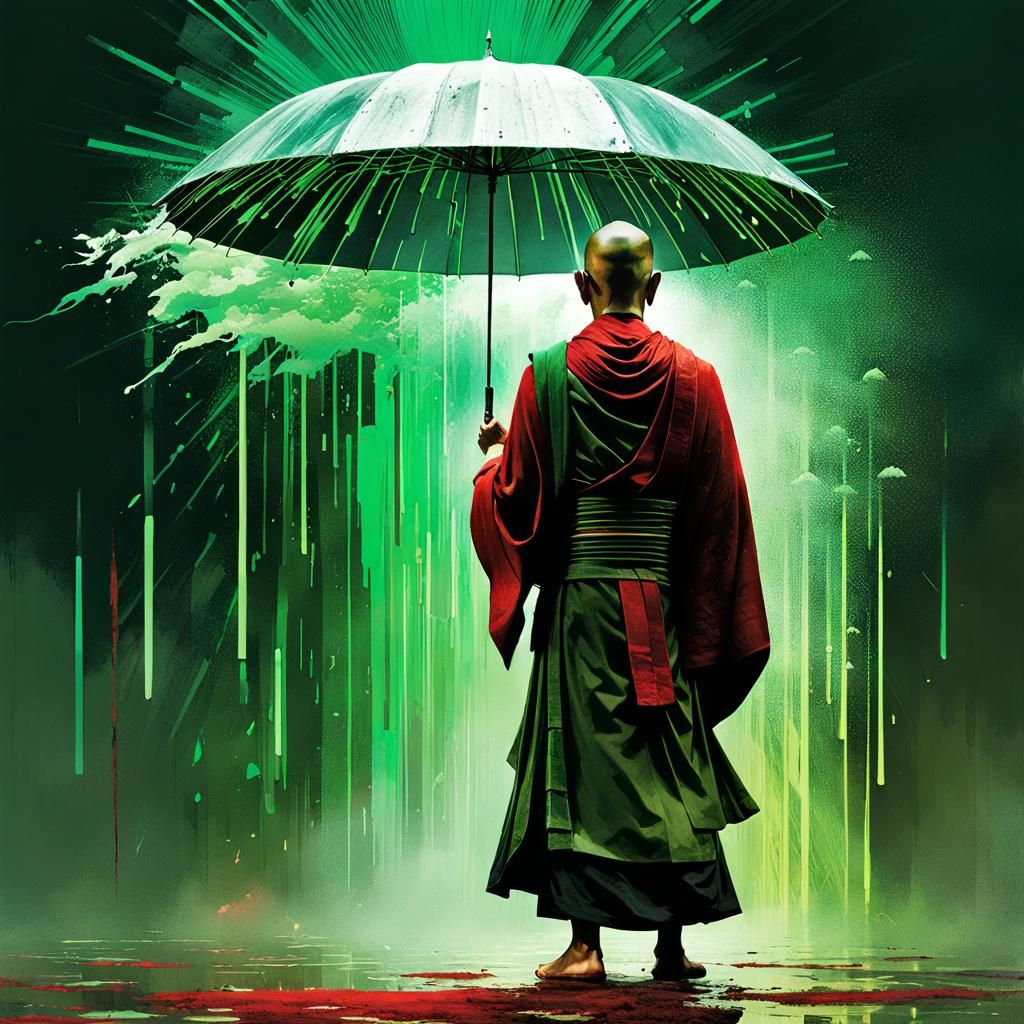 Monk Meditates in Electric Matrix Rain, Digital Art