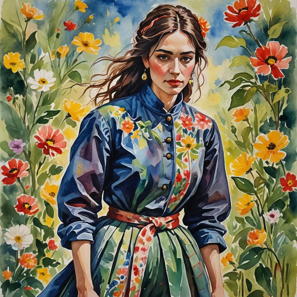 Gouache Painting of Simple Beauty in Plain Clothing