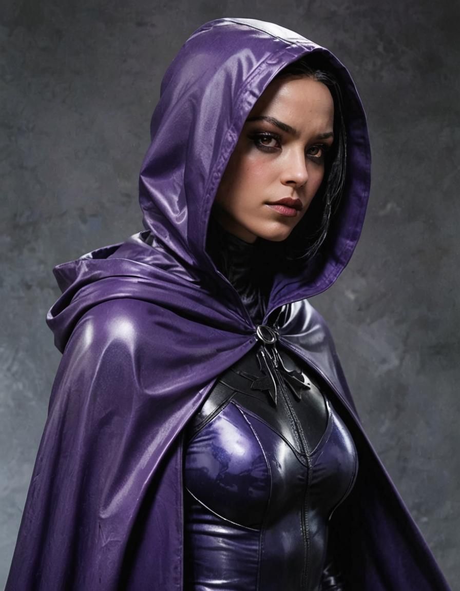 A side view of DC Comics' Raven, wearing a purple latex suit...