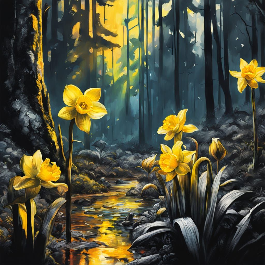 Daffodils in Forest: Hyperdetailed Charcoal and Gouache Draw...