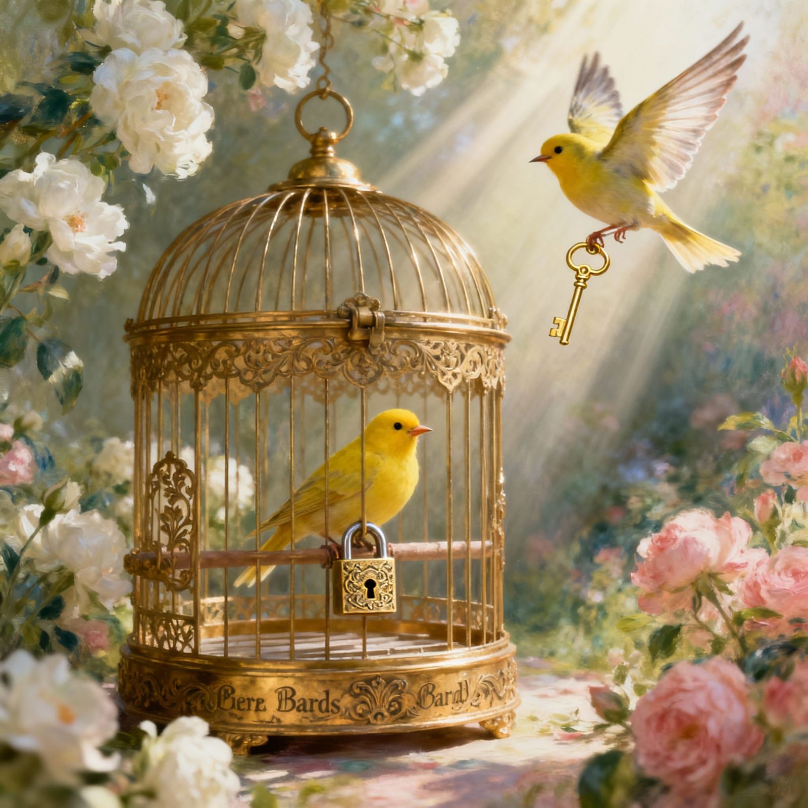 Ethereal Canary Escapes Golden Cage with Flying Key
