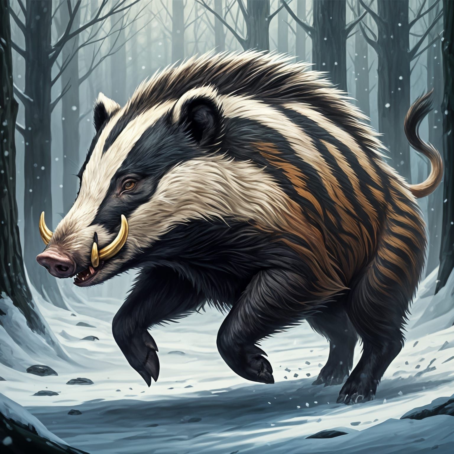 Mighty Winter Boar Badger Runs Through Striped Forest