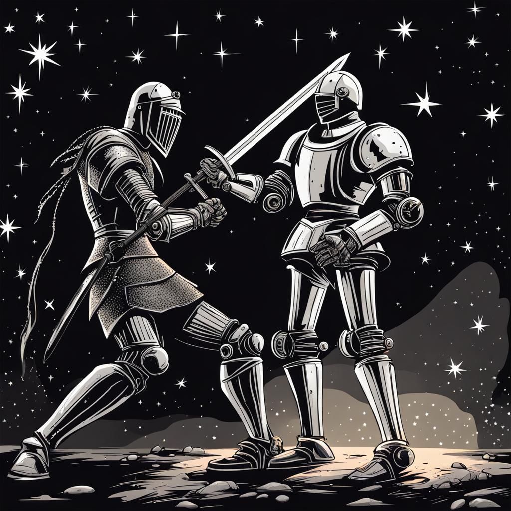 Knight versus Robot in Starry Black Landscape