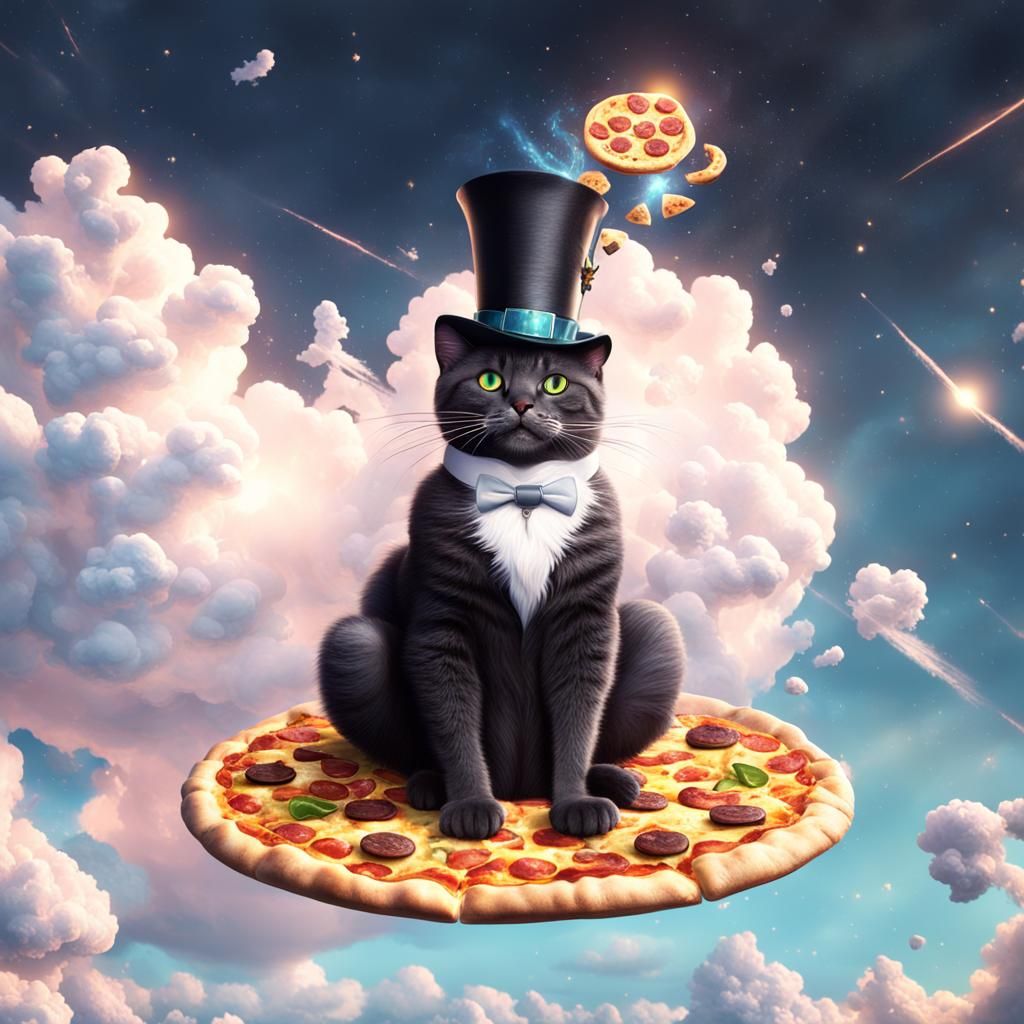 Top-Hatted Cat on Magical Cloud with Pizza