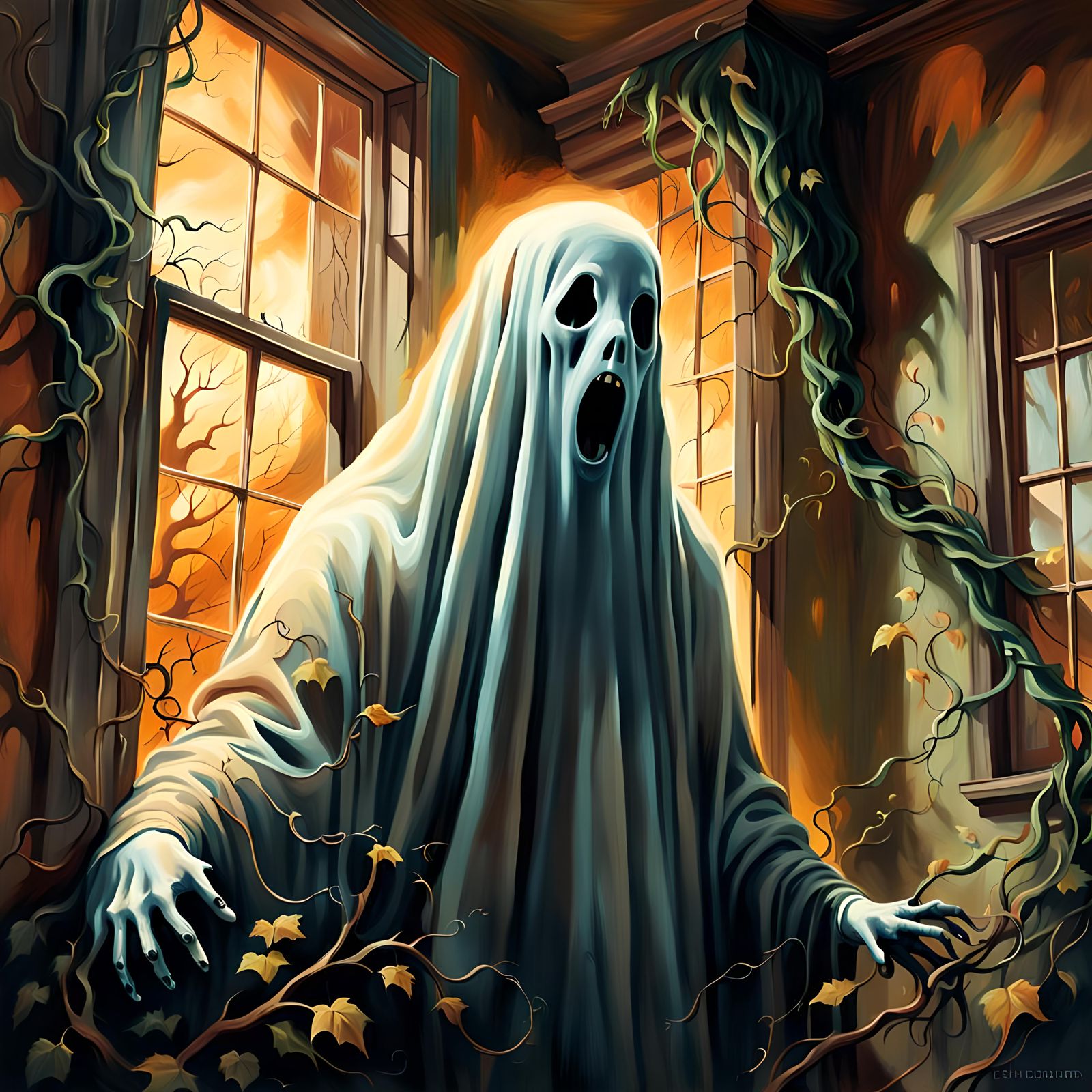 Eerie Haunted House with Ghostly Apparition