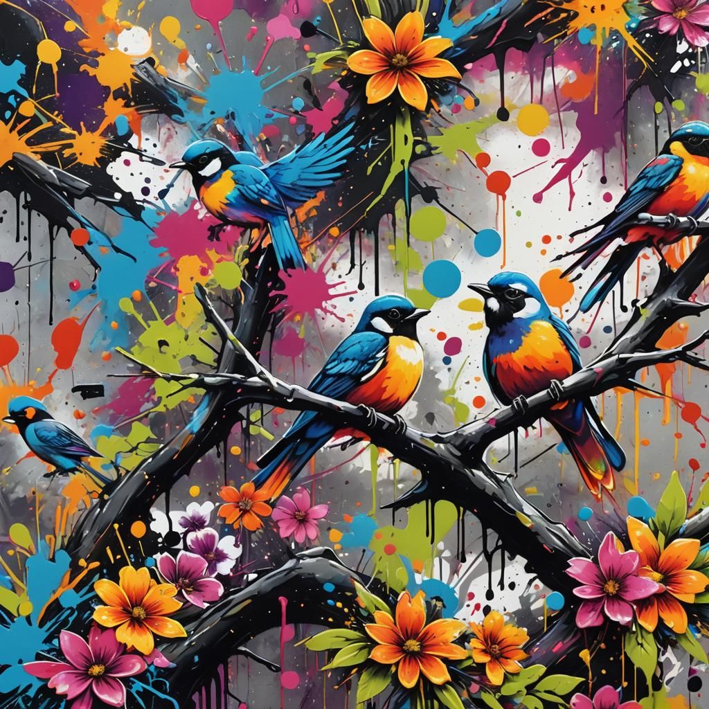 Graffiti Art: Vibrant Birds and Flowers in Ink Splatters