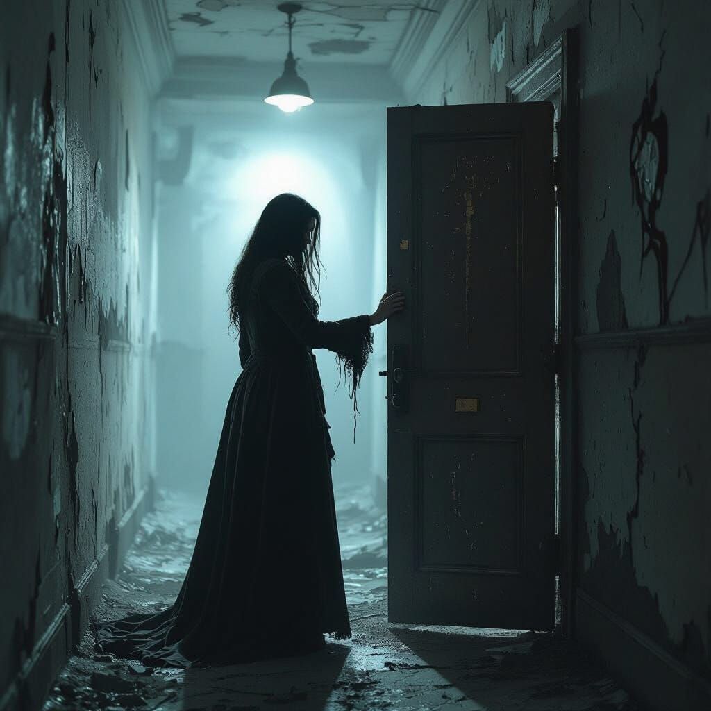 Woman at Door in Dark Hallway, Giger & Beksiński Inspired