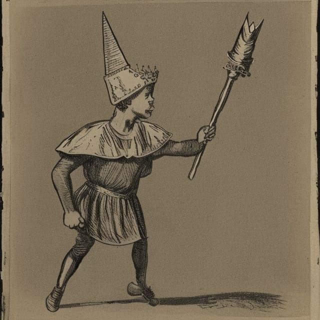 Boy wearing a crown and a dunce cap mid triumphant stride and holding up a scepter victoriously