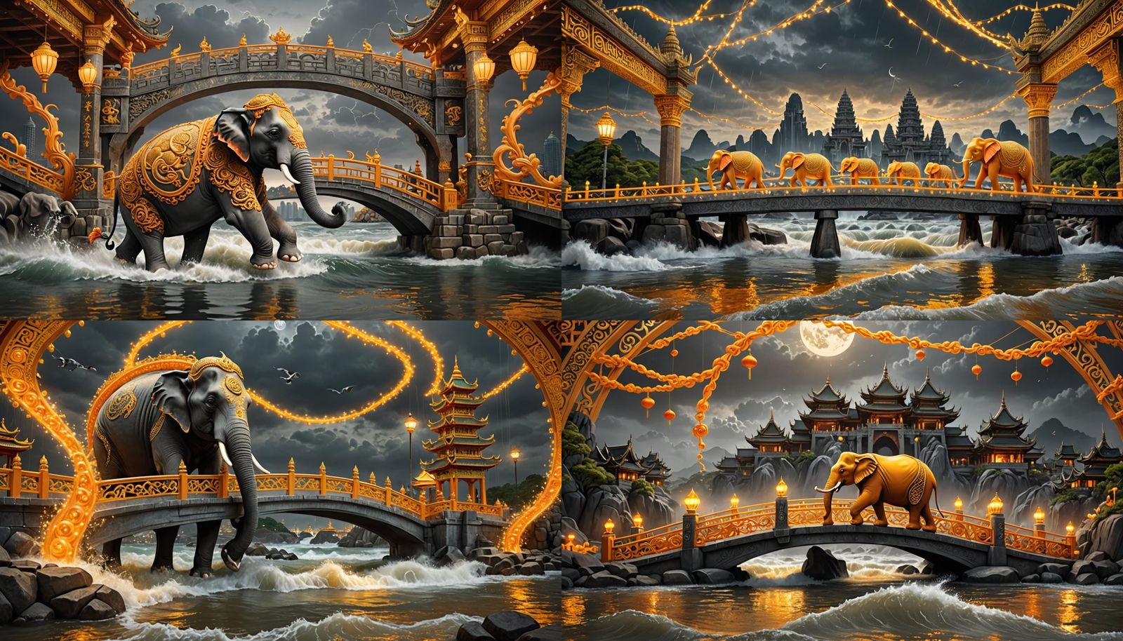 Surreal Bridge with Elephant and Thai Ring: Digital Art