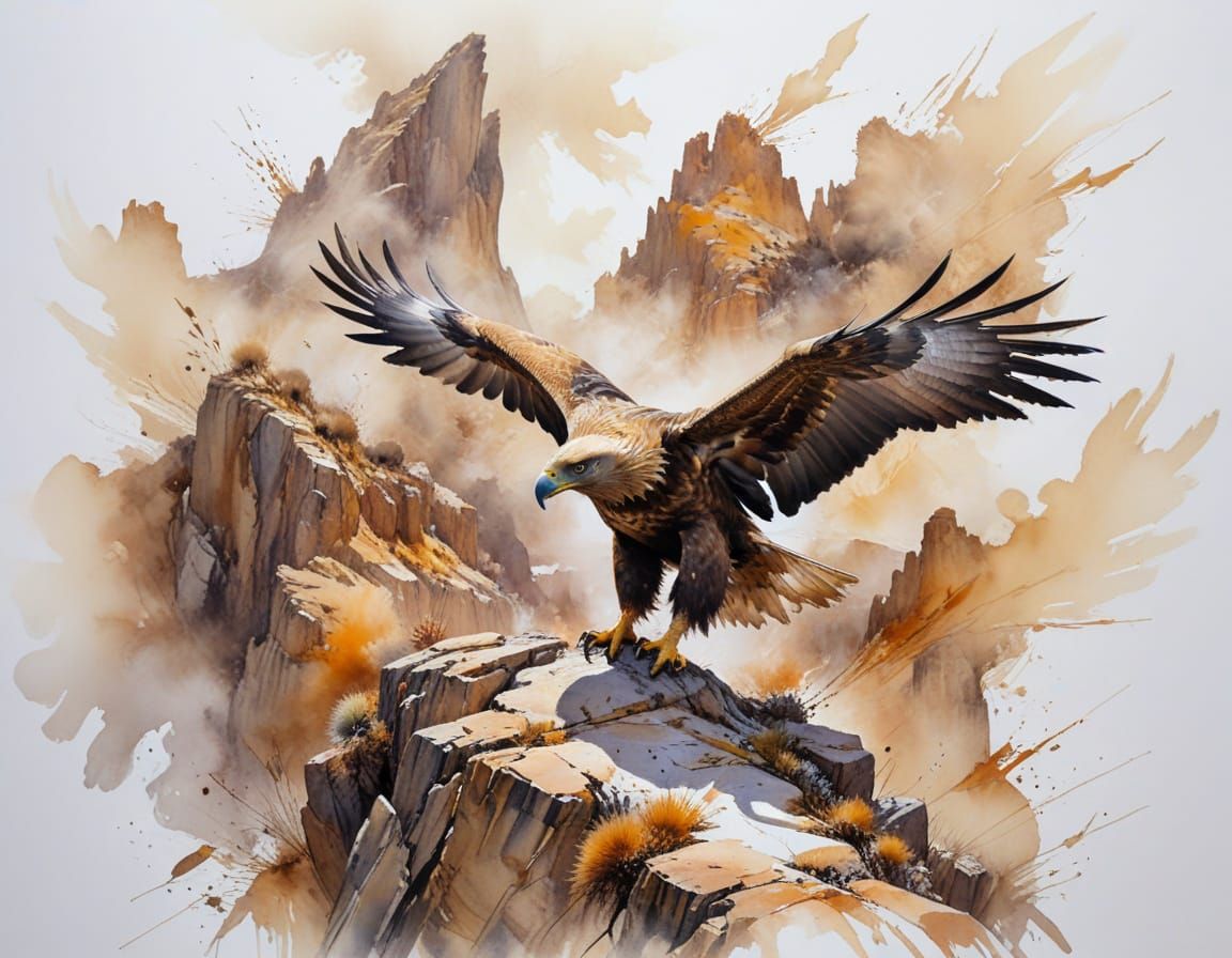 Golden Eagle Soaring Over Cliffs in Watercolor Style