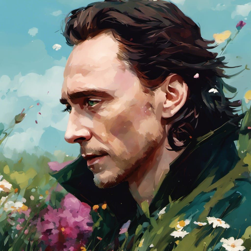 Loki in Flower Field, Anime Style Digital Painting