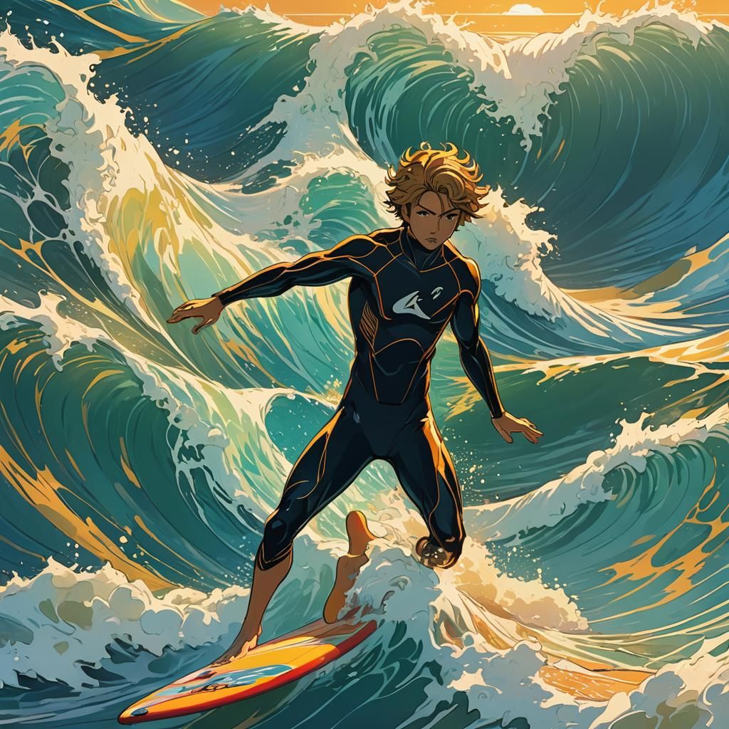 Boy Surfing: Vibrant Anime Art in Studio Trigger Style