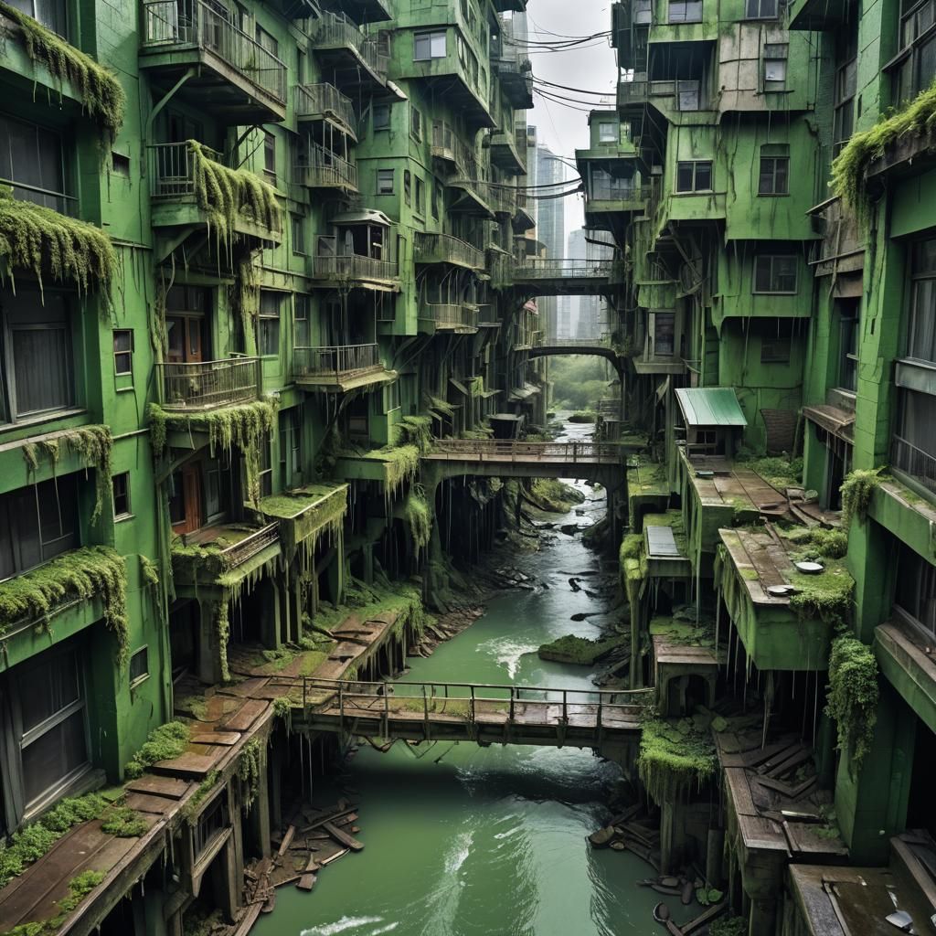 Green Futuristic Cityscape with Collapsing Bridges