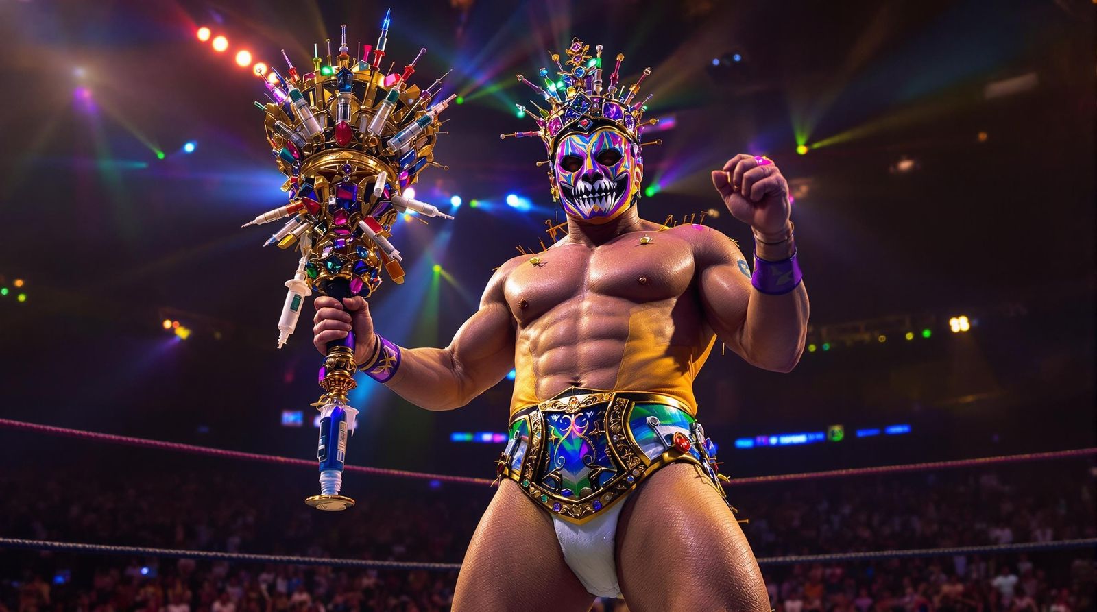 Diaper Fighter with Voodoo Mask in Wrestling Ring