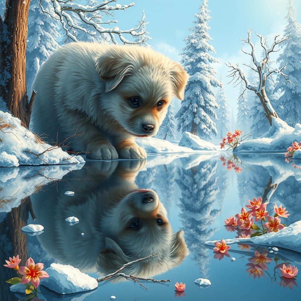 Puppy's Winter Reflection: A Matte Painting Landscape