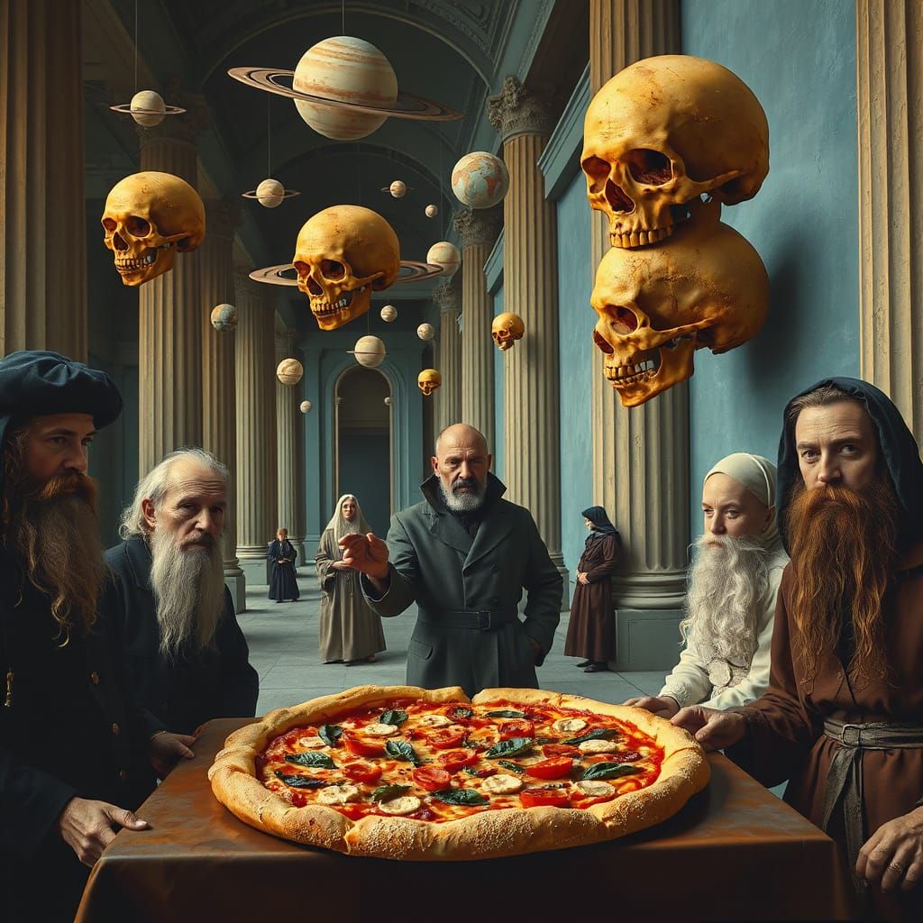 Cosmic Hallway: Surreal Pizza Feast in Hyperrealism