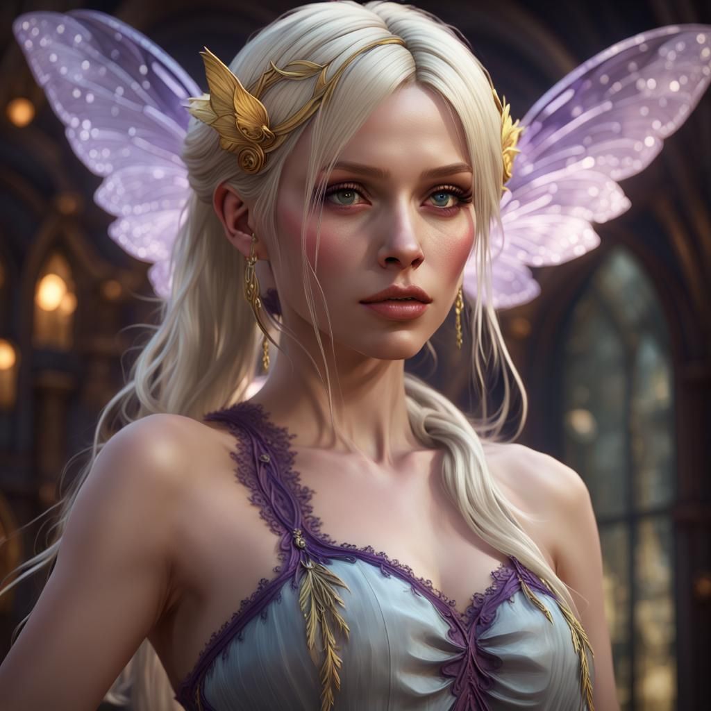 white blonde hair and fairy wings from her back