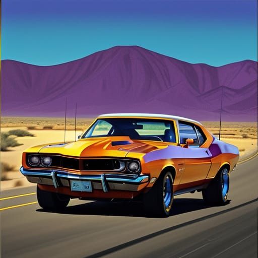 Retro Muscle Car on Desert Highway