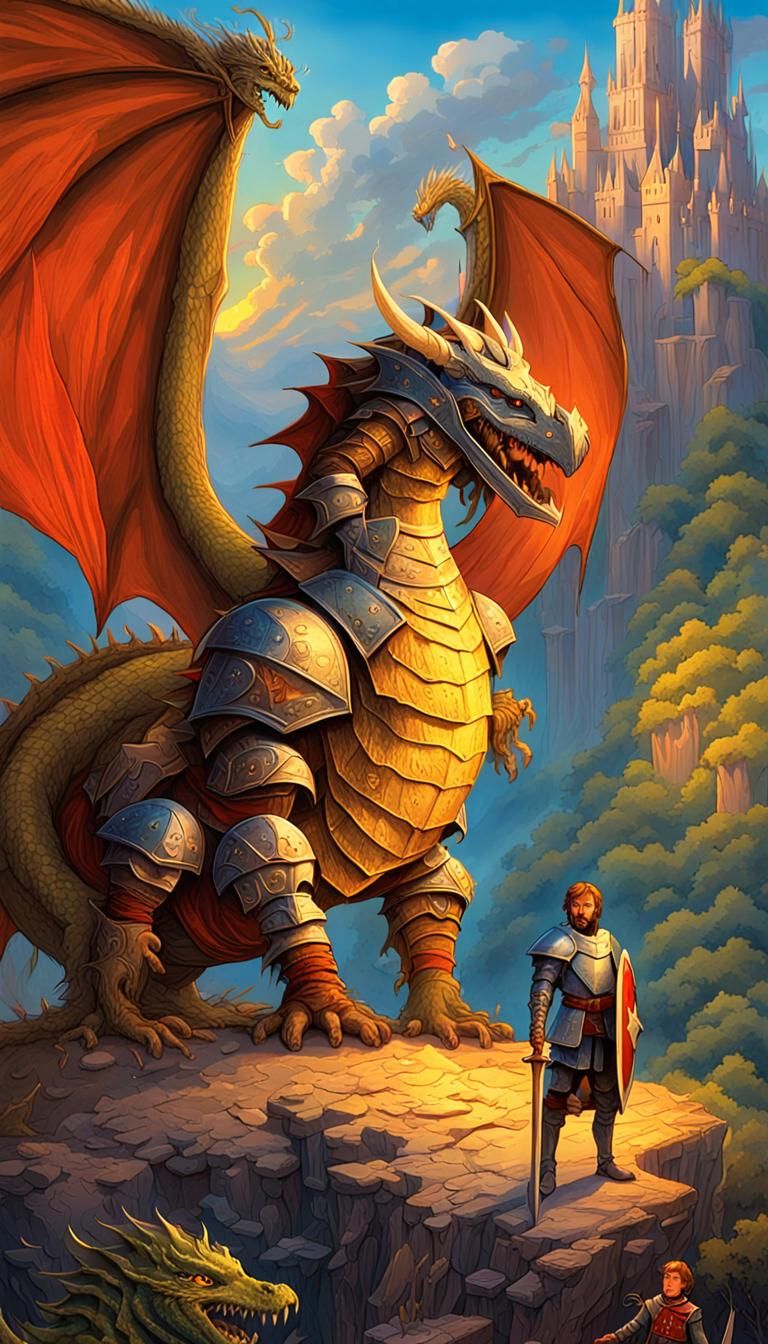 Heroic Knight and Funny Dragon in Fantasy Landscape