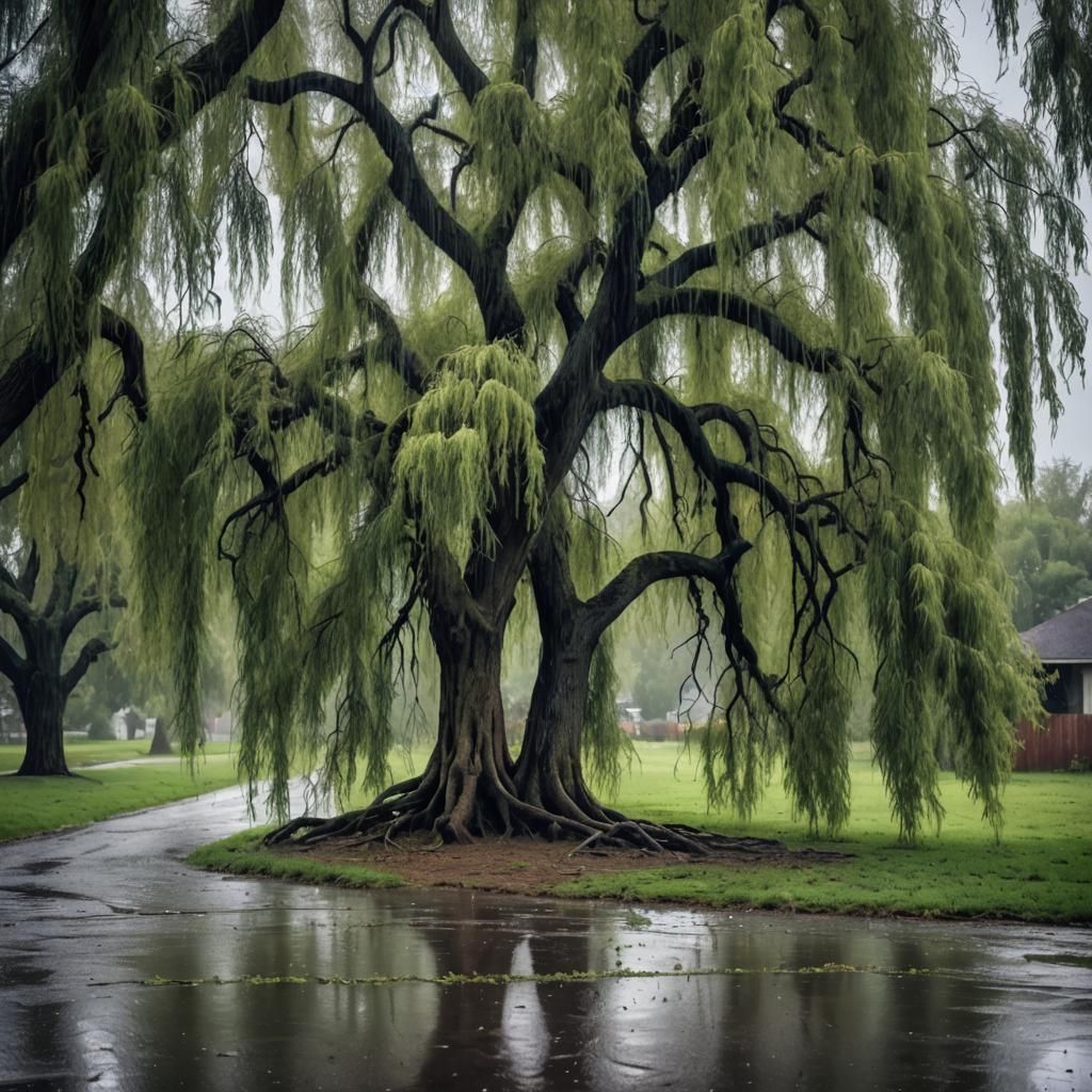 Moody Weeping Willow Tree on a Rainy Day