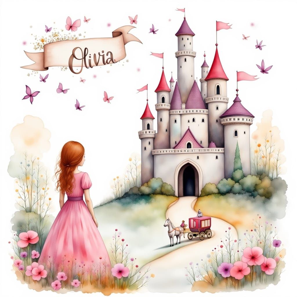 Little Princess Approaching Fairytale Castle in Watercolor