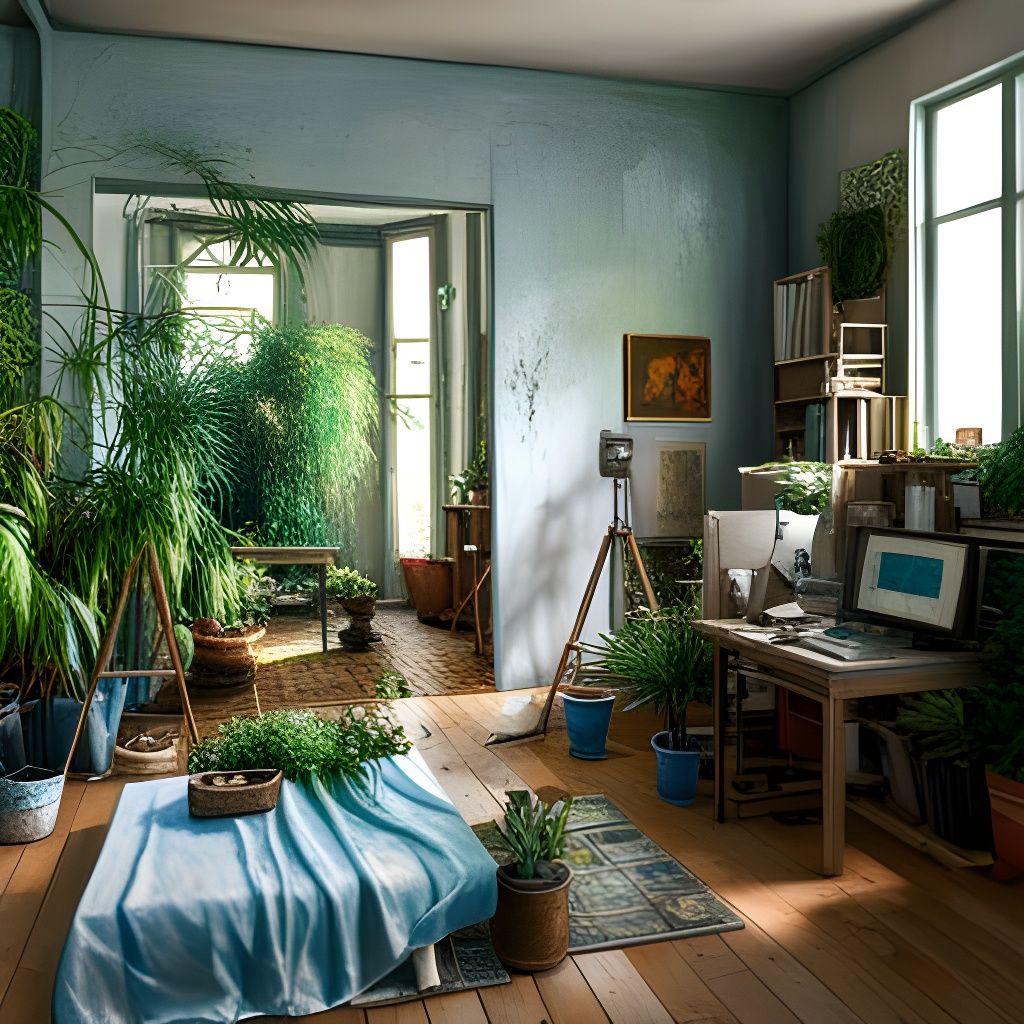 Lush Art Studio: Oil Painting with Plant Overgrowth