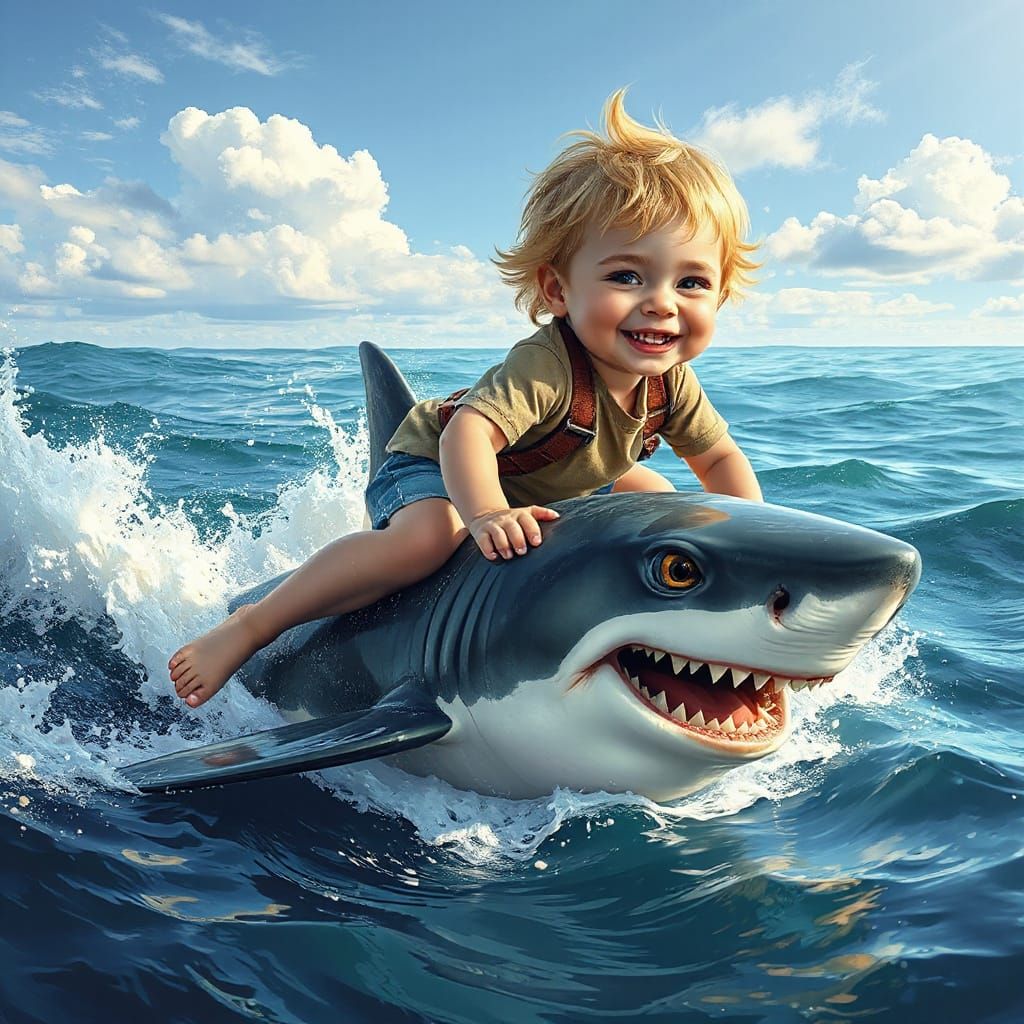 Child Surfing on a Happy Shark in the Ocean